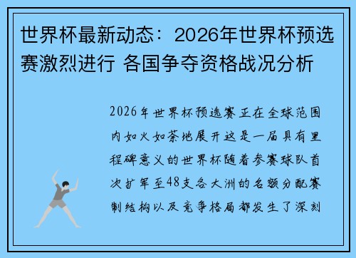 世界杯最新动态：2026年世界杯预选赛激烈进行 各国争夺资格战况分析