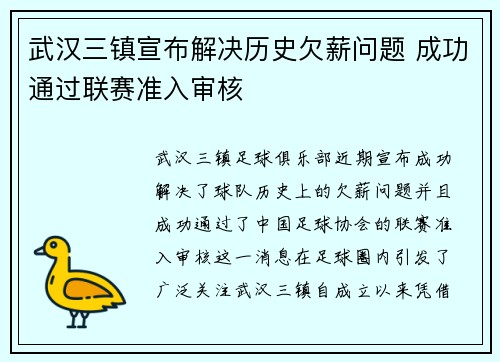 武汉三镇宣布解决历史欠薪问题 成功通过联赛准入审核